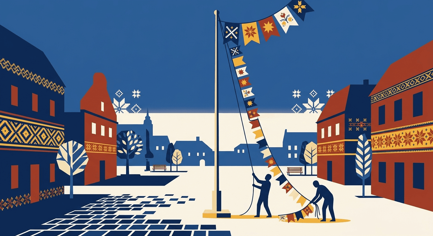 Drawing of two people raising a string of festival bunting up a pole in an empty town square at dawn