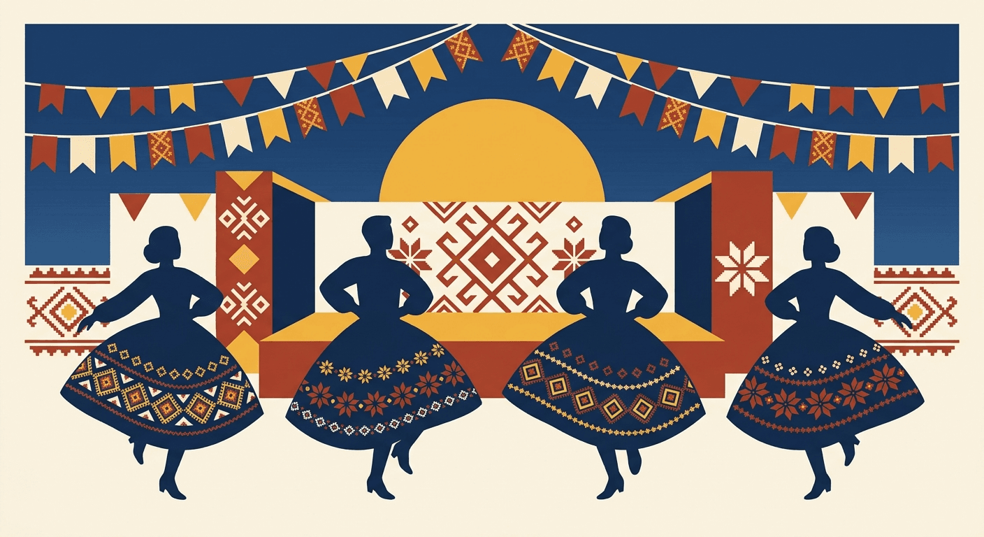 Drawing of a festival stage with dancers in embroidered skirts in front of it and bunting above