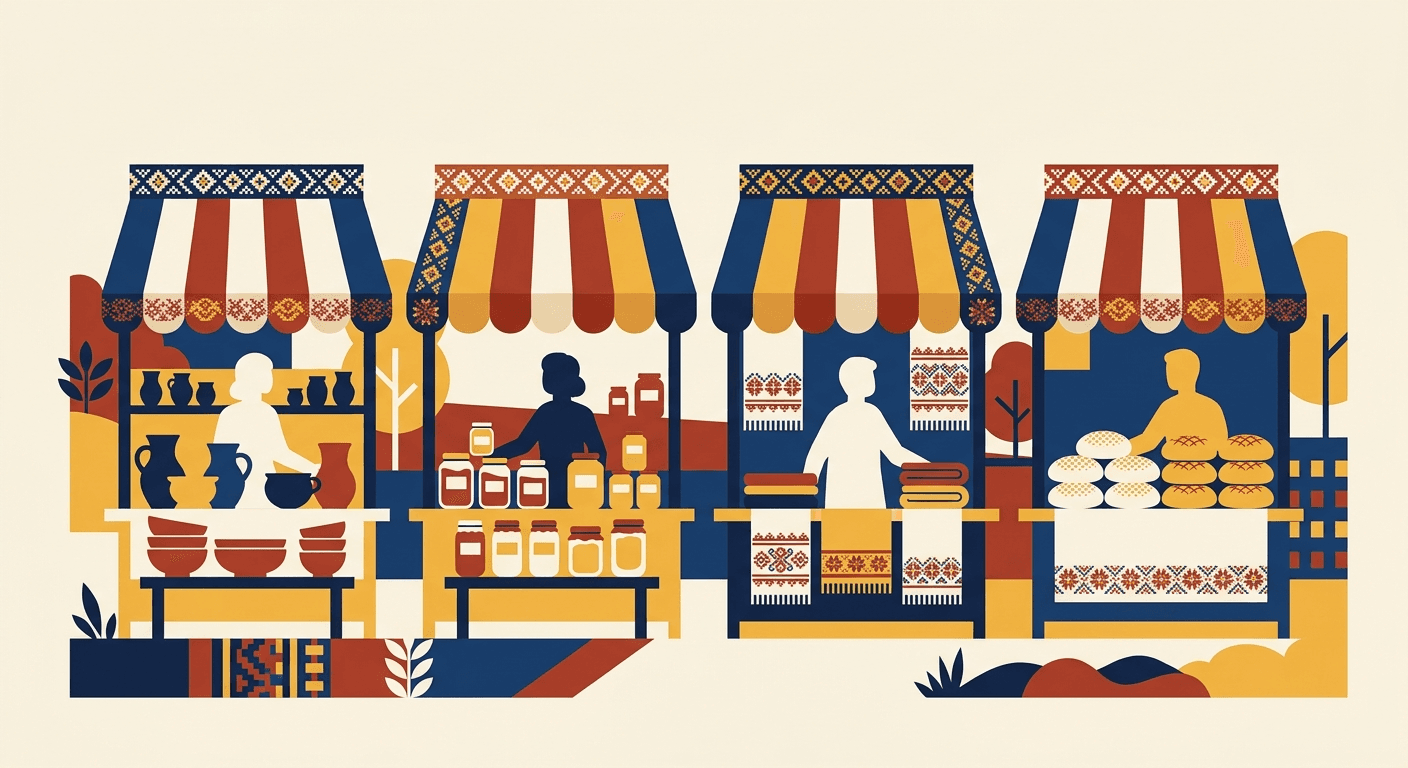 Drawing of four festival market stalls with striped canopies, tables holding pottery, preserves, cloth and bread