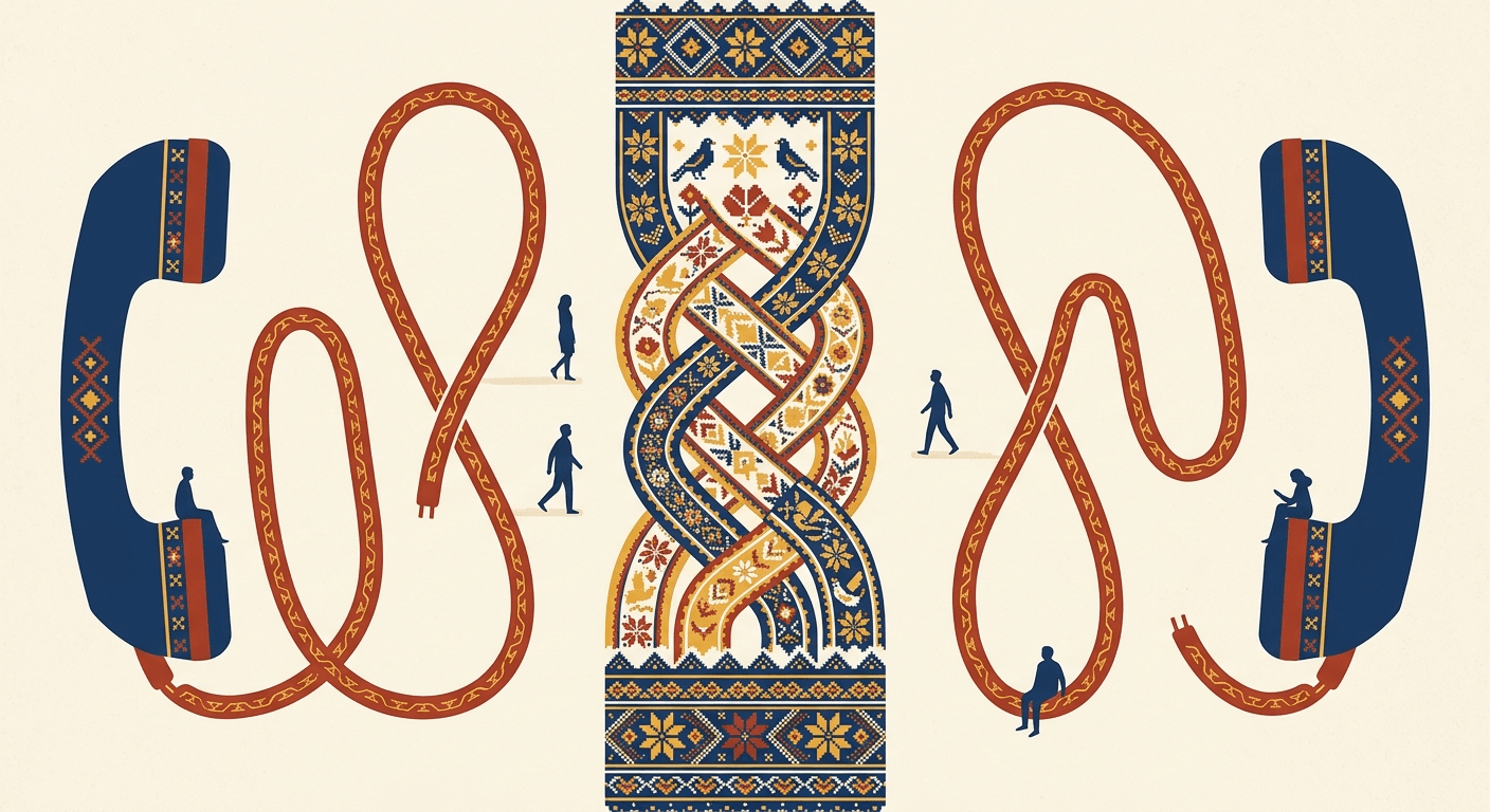Drawing of two telephone handsets at opposite edges of the frame, joined by one long cord that braids in the middle