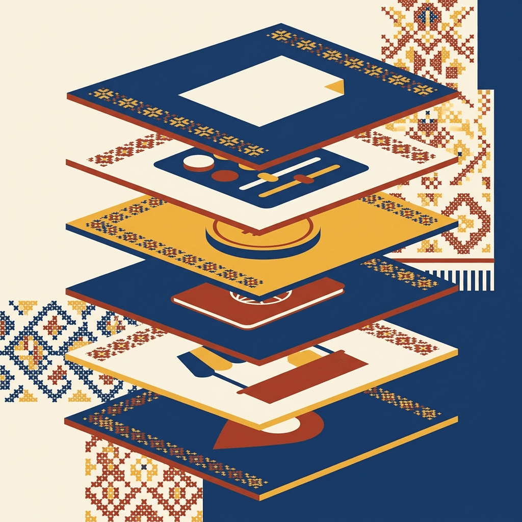 Drawing of six flat plates stacked at an angle, each carrying a different piece of festival work