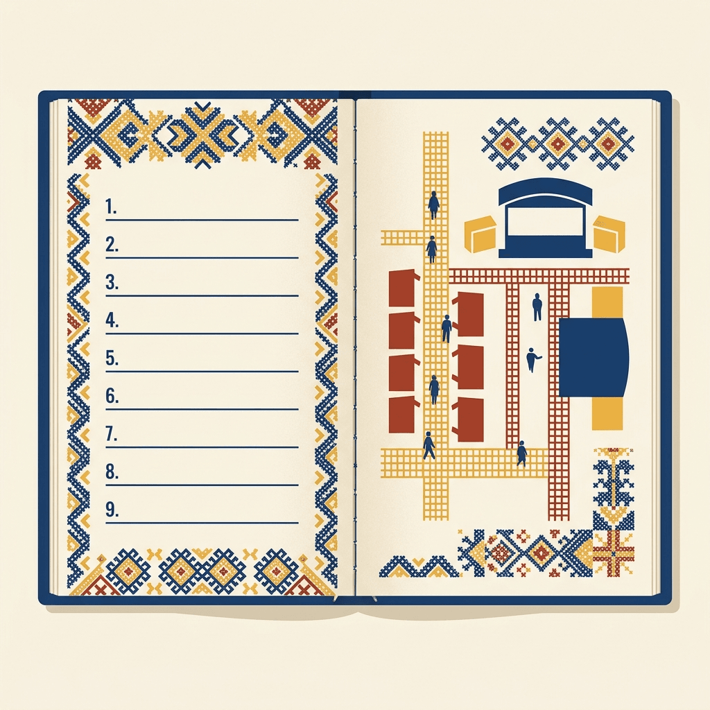 Drawing of an open guidebook: a numbered checklist on the left page, an overhead plan of a festival site on the right