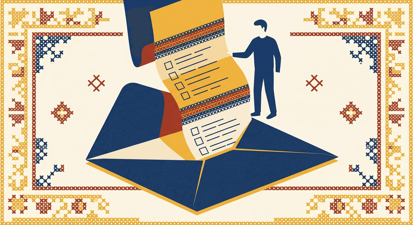 Drawing of an open envelope with a folded sheet rising out of it and unfolding into a numbered checklist